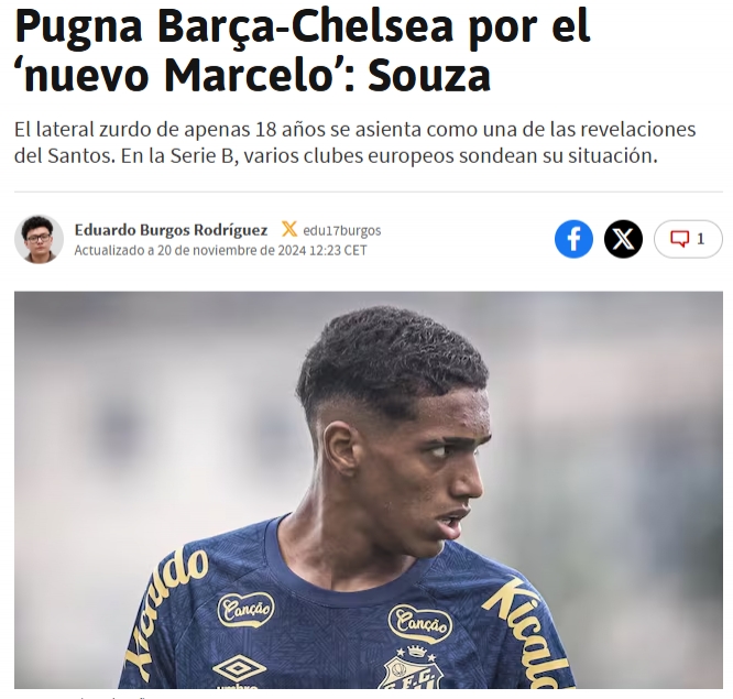 AS: Barcelona và Chelsea quan tâm hậu vệ 18 tuổi De Sousa của Santos, nhận đề nghị từ Ả Rập Xê Út.